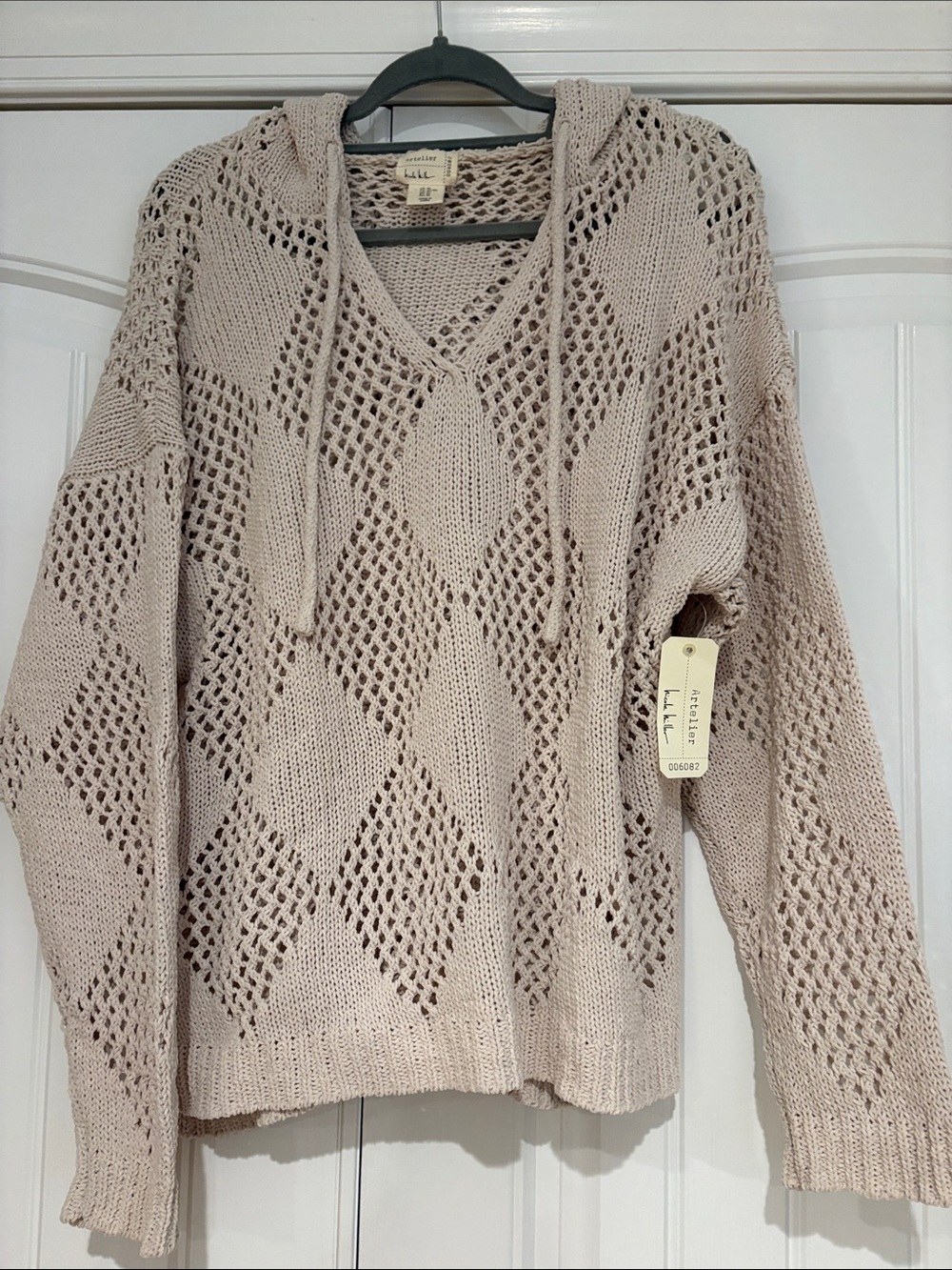Light Beige Open-Knit Mesh V-Neck Hoodie Sweater NWT